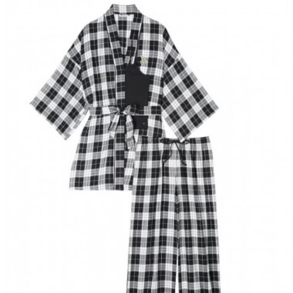 Victoria's Secret Women’s Flannel 3-Piece Long Pajama Set - Black & White Plaid